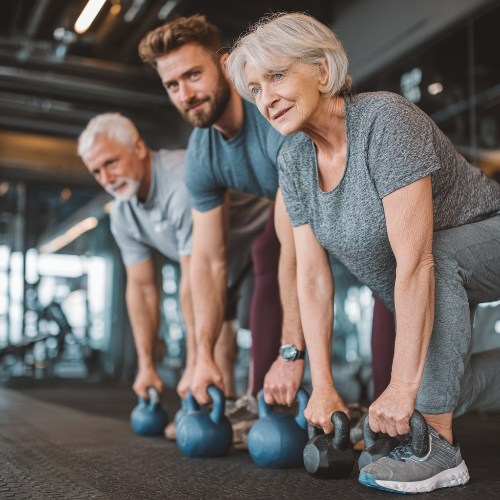 Група людей віком 50-60 років виконує функціональні вправи в сучасному фітнес залі під керівництвом тренера