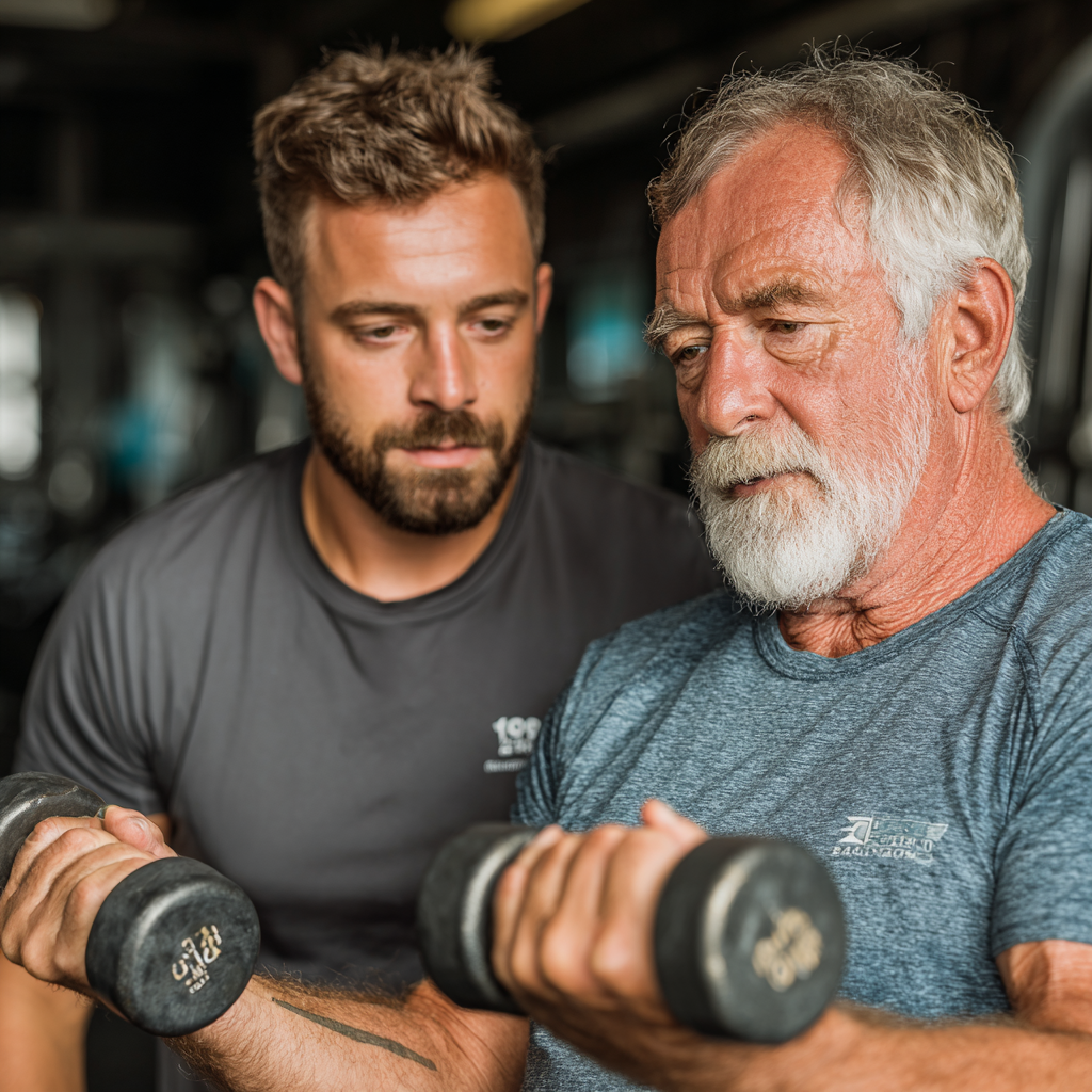 Досвідчений фітнес тренер працює з клієнткою 55 років, показує правильну техніку виконання вправ з гантелями в персональному тренажерному залі