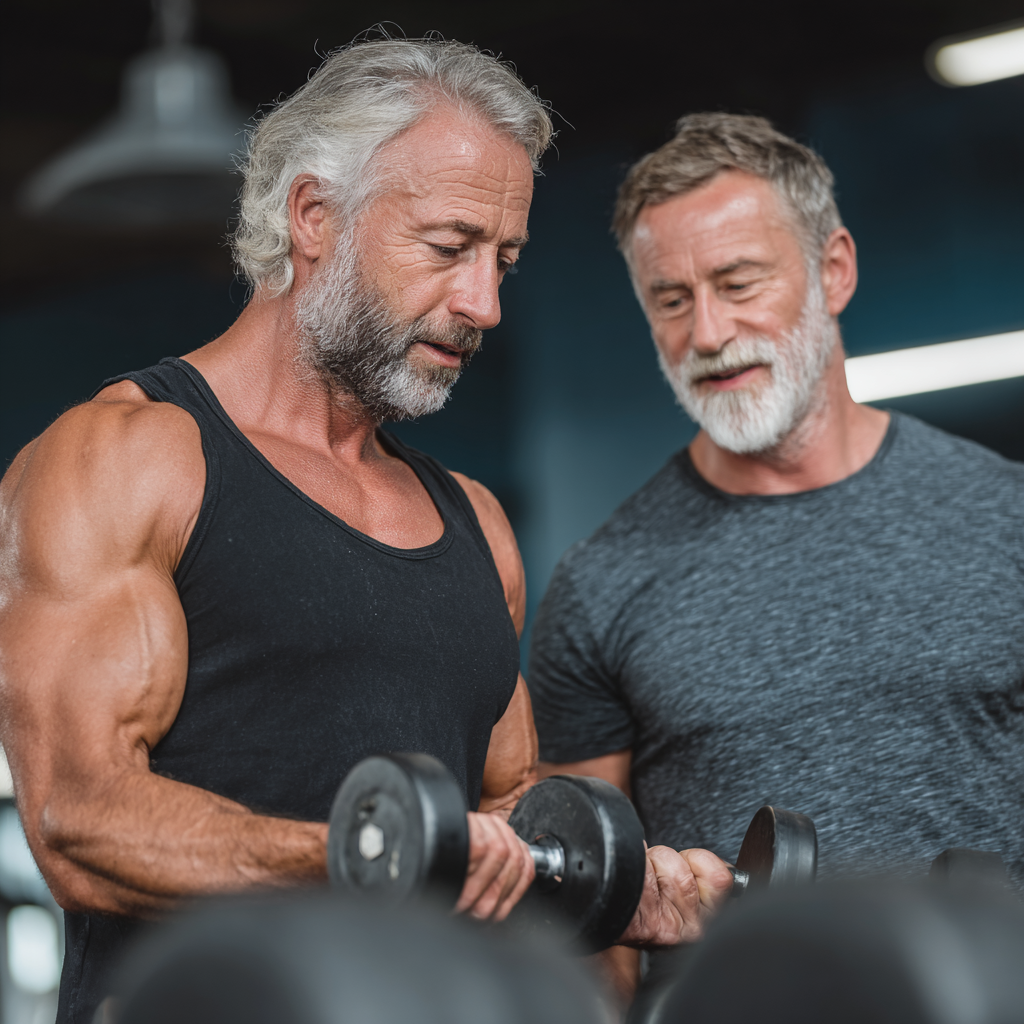 Тренер проводить пробне заняття з чоловіком 60 років в тренажерному залі, пояснює техніку безпеки та правильне використання обладнання